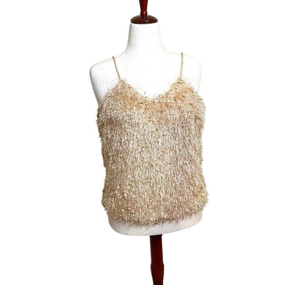 Solution top shimmery gold fluffy fringy feminine spaghetti strap lined Sz L - Picture 1 of 10